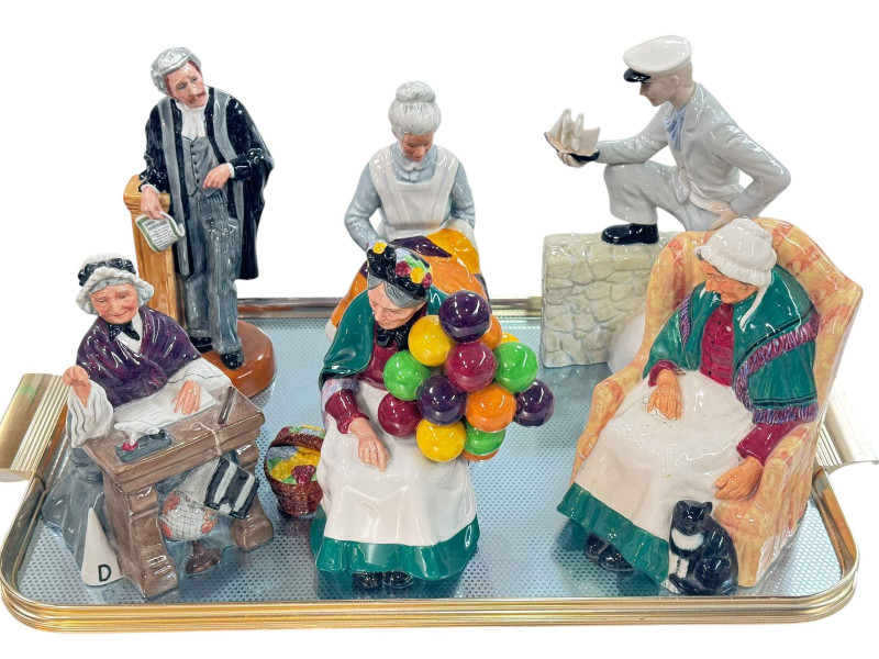 Six Royal Doulton figures including Forty Winks and The Lawyer.