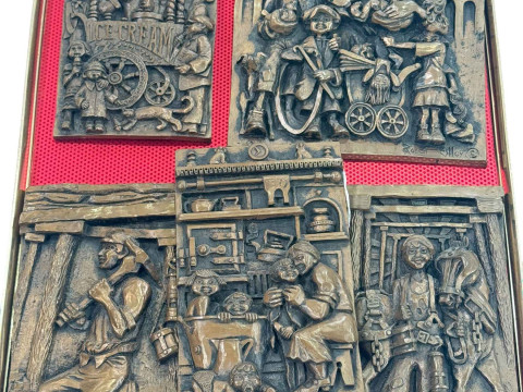 Five Robert Olly cold cast 'social history' plaques.
