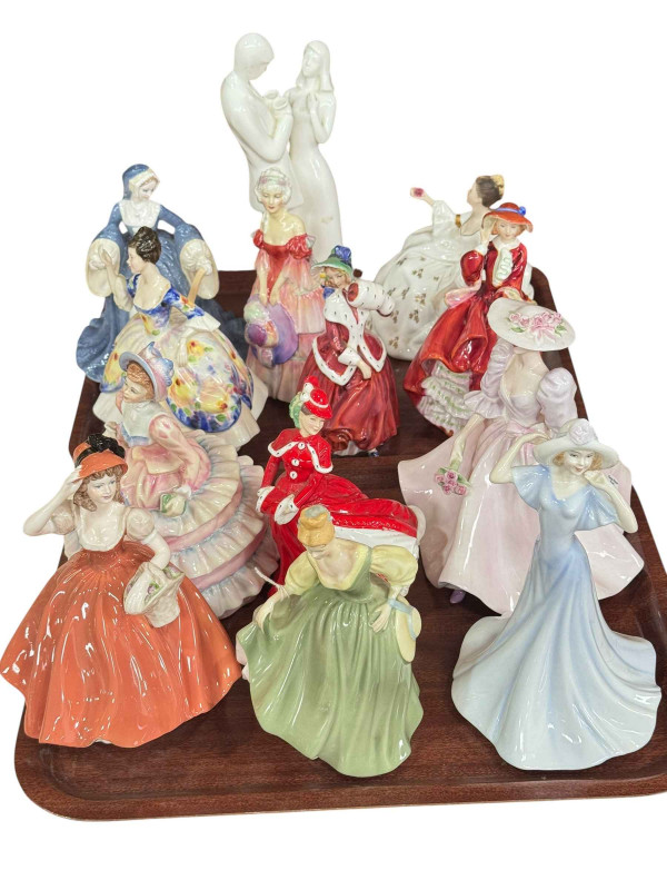 Ten Royal Doulton figures including Veronica, and three Coalport figures (13).