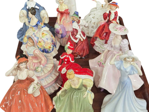 Ten Royal Doulton figures including Veronica, and three Coalport figures...