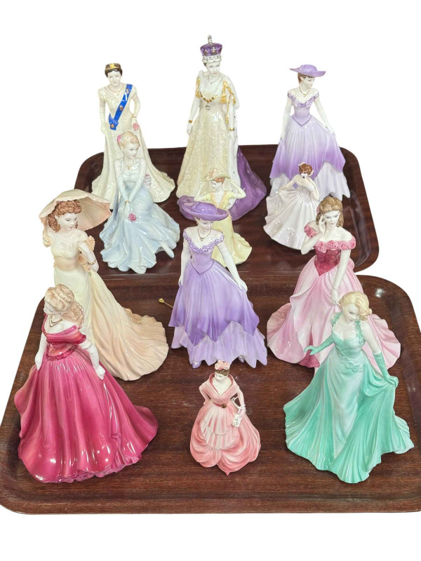 Twelve Coalport figures including QEII and Queen Mother.