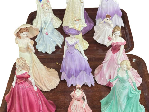 Twelve Coalport figures including QEII and Queen Mother.
