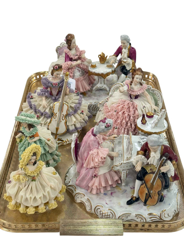 Six Continental crinoline lady figures and groups.