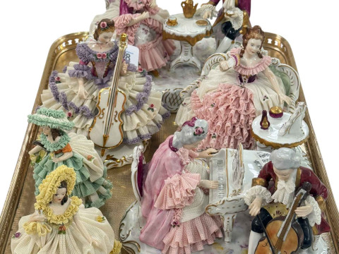 Six Continental crinoline lady figures and groups.
