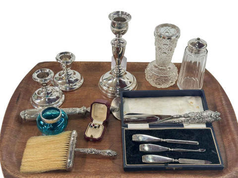 Tray lot with silver candlesticks, powder brush, manicure, etc.