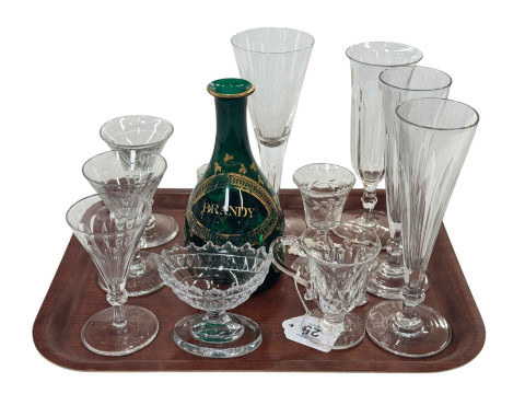 Bristol green glass brandy decanter, pair of 19th Century champagne flutes,...