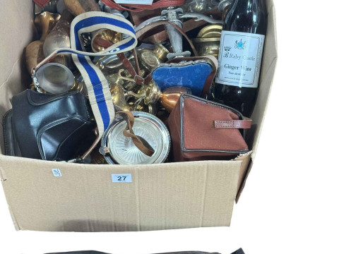 Box of assorted brasswares, cameras and accessories, Raby Castle ginger...