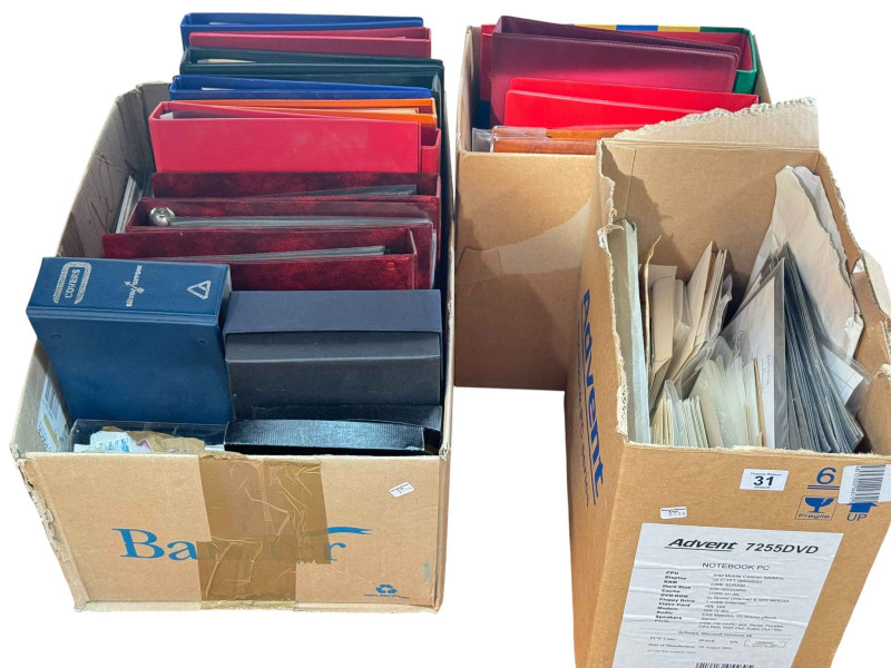 Three boxes of stamps, albums, FDC's, etc.