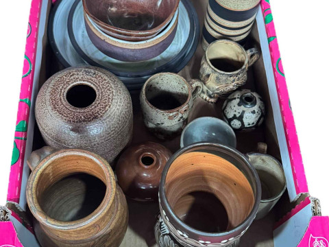 Box of Studio Pottery including vases and bowls.