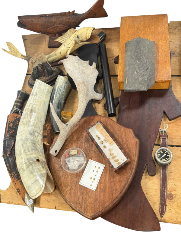 Wassertiefe depth gauge, fish carving, kukri and fish related items.