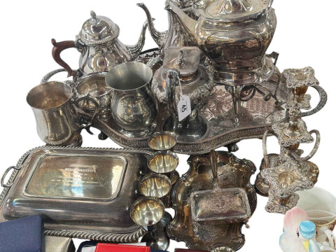 Silver plated wares including silver on copper tea and coffee set, spirit...