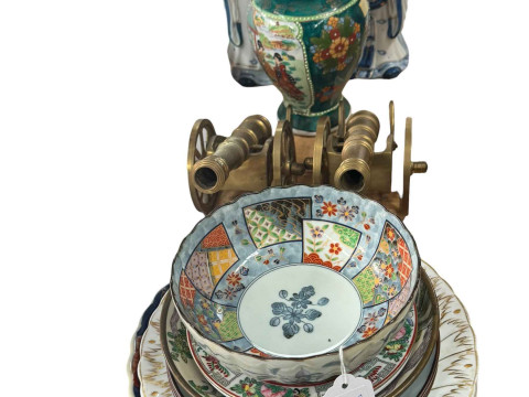 Pair of brass cannons, Imari and other plates and two Oriental figures,...