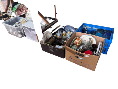 Seven boxes of glass, china, metalwares, Dr Who memorabilia, etc.