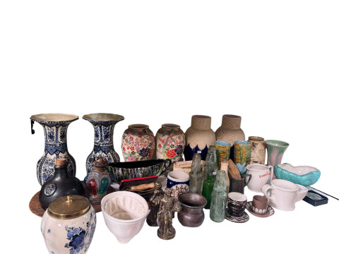 Four pairs of vases, planters, jelly mould, vintage bottles, Wedgwood...