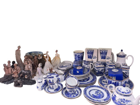 Collection of Ringtons blue and white, four Royal Doulton ladies, Lladro...