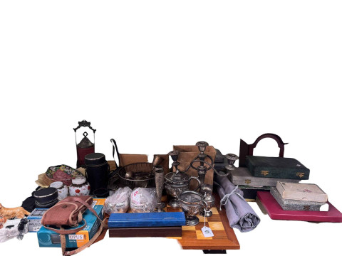 Mahogany mantel clock, assorted cutlery and silver plate, Beatrix Potter...