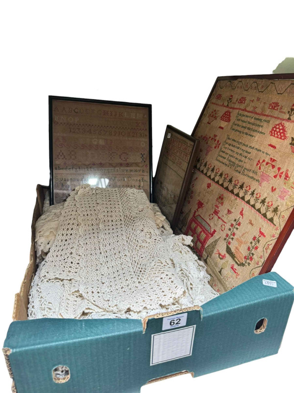 Three 19th Century samplers and lace cloths.