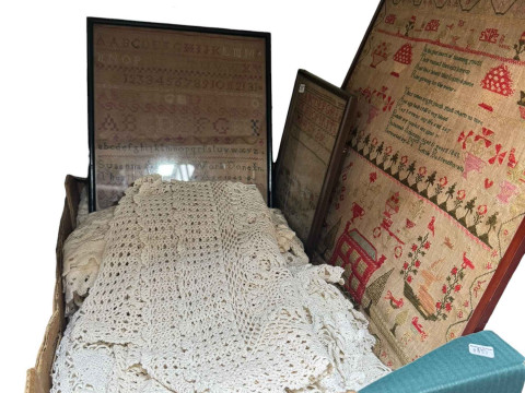 Three 19th Century samplers and lace cloths.