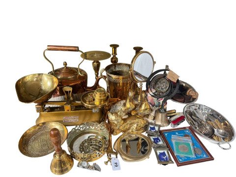 Collection of brass and copper including kitchen scales, kettle, pair...