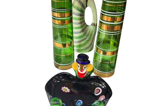 Murano glass clown, pair of Czech Borske Sklo cylindrical green and gilt...
