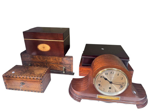Mahogany mantel clock, walnut tea caddy, oak cutlery box, Edwardian style...