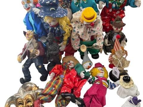 Collection of clown figures, jester plaque, etc.
