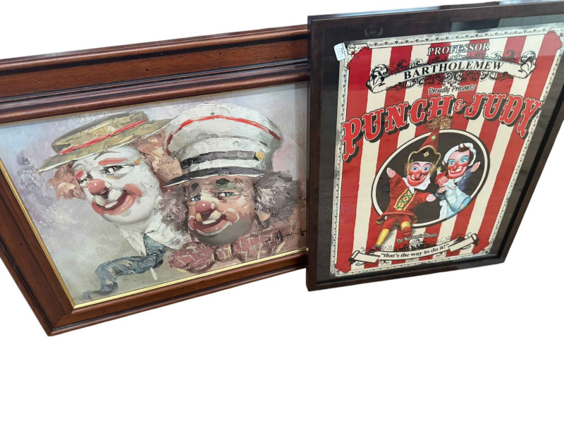 Collection of clown figures, jester plaque, etc.