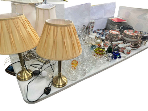 Five table lamps, a collection of various pictures, glass and china including...