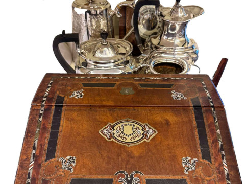 19th Century walnut inlaid writing box, carved firescreen, copper and...