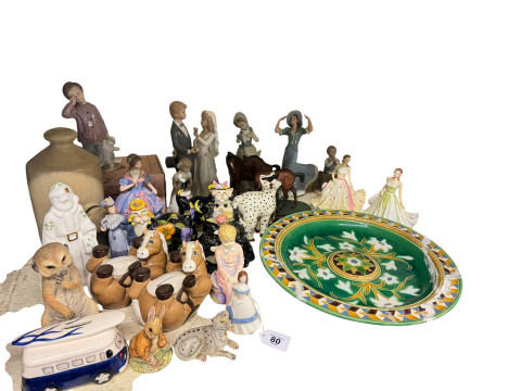 Collection of figures including Lladro, Nao, Wedgwood and Minton plaque.