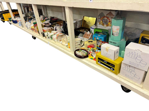 Full shelf of Ringtons china and collectables, assorted stamps and albums,...