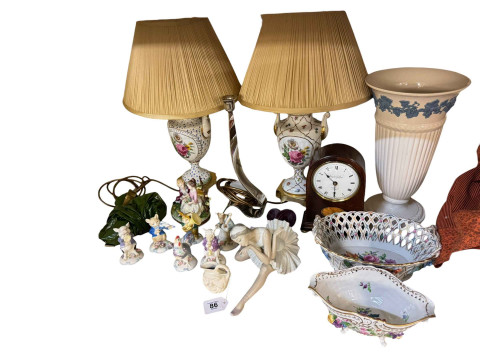 Two Continental pottery table lamps, two Dresden bowls, Continental band...