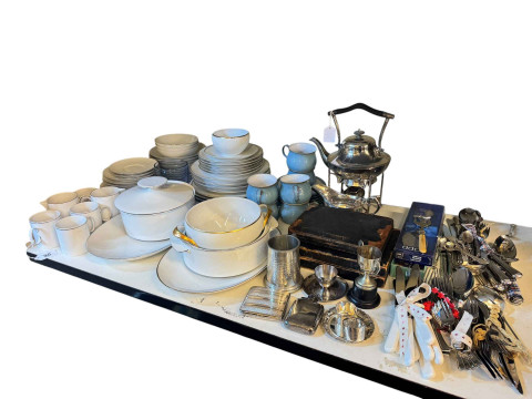 German pottery dinnerware, six Denby cups and saucers, silver plate and...