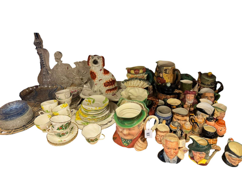 Collection of glass and china including Beswick and Royal Doulton character jugs and teapots, etc.