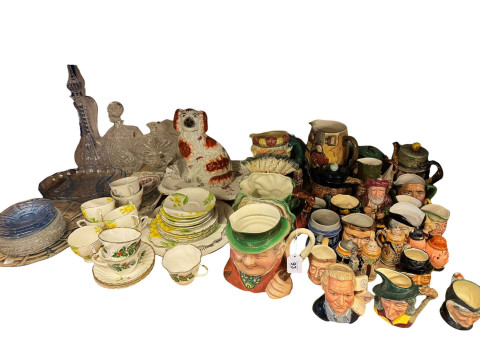 Collection of glass and china including Beswick and Royal Doulton character...