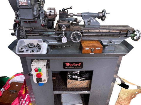 Myford metal turning lathe with stand and accessories.