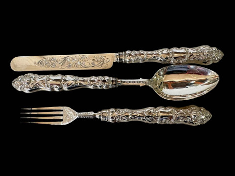 Victorian silver christening set with ornate handles, Birmingham 1856.