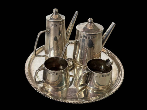 Silver miniature tea and coffee service, tray 8.75cm diameter, Birmingham...