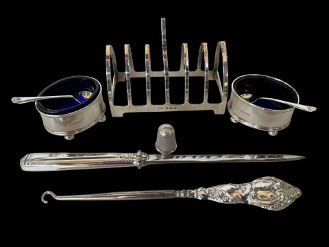 Silver five bar toast rack, Birmingham 1973, pair silver open salts, silver...