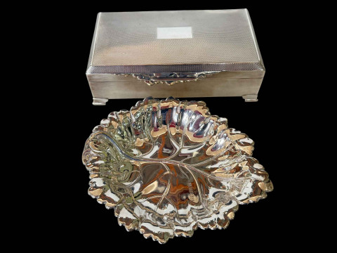Silver engine-turned cigarette box, Birmingham 1970 and silver leaf dish,...