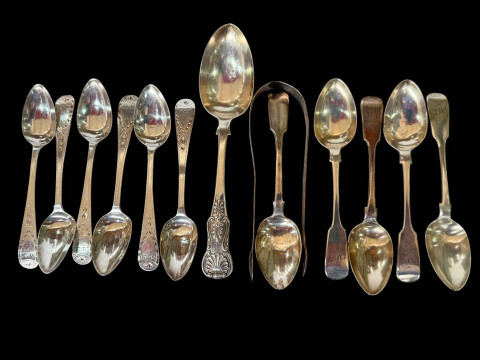 Six Newcastle silver bright cut teaspoons, five fiddle pattern teaspoon,...