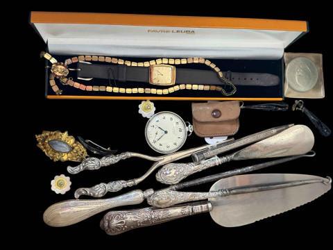Silver handled toiletries, watches, etc.