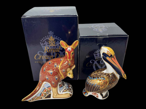Two Royal Crown Derby paperweights, Kangaroo and Brown Pelican, boxed.