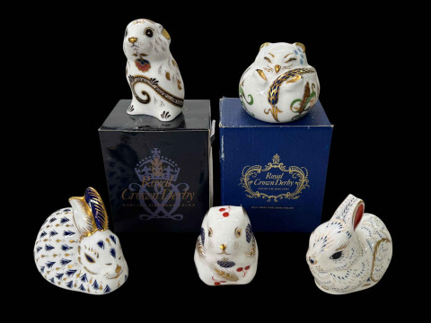 Five Royal Crown Derby paperweights, Door Mouse and Mouse with boxes,...