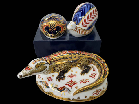 Three Royal Crown Derby paperweights, gold signature Crocodile, Snail...