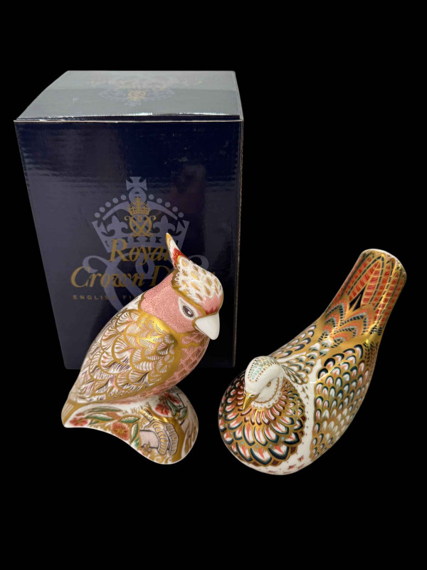 Two Royal Crown Derby paperweights, signed Cockatoo and Turtle Dove with box.