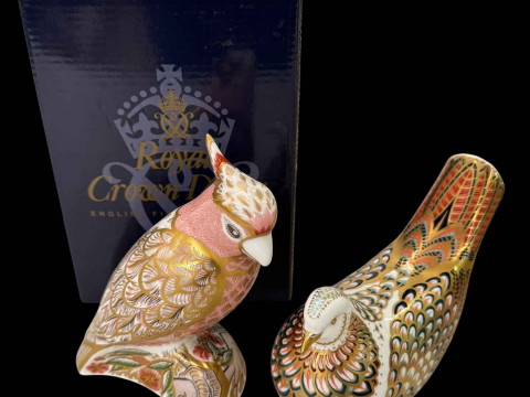Two Royal Crown Derby paperweights, signed Cockatoo and Turtle Dove with...