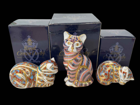 Three Royal Crown Derby paperweights, Imari Cat, Contented Cat and Contented...