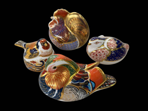Four Royal Crown Derby paperweights, Cockerel, Quail, Duck and Goldfinch.
