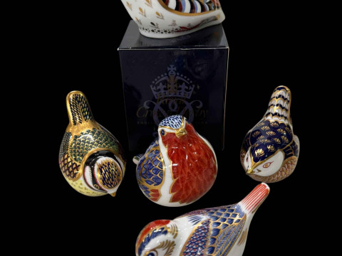Five Royal Crown Derby paperweights, Red Leg Partridge with box, and four...